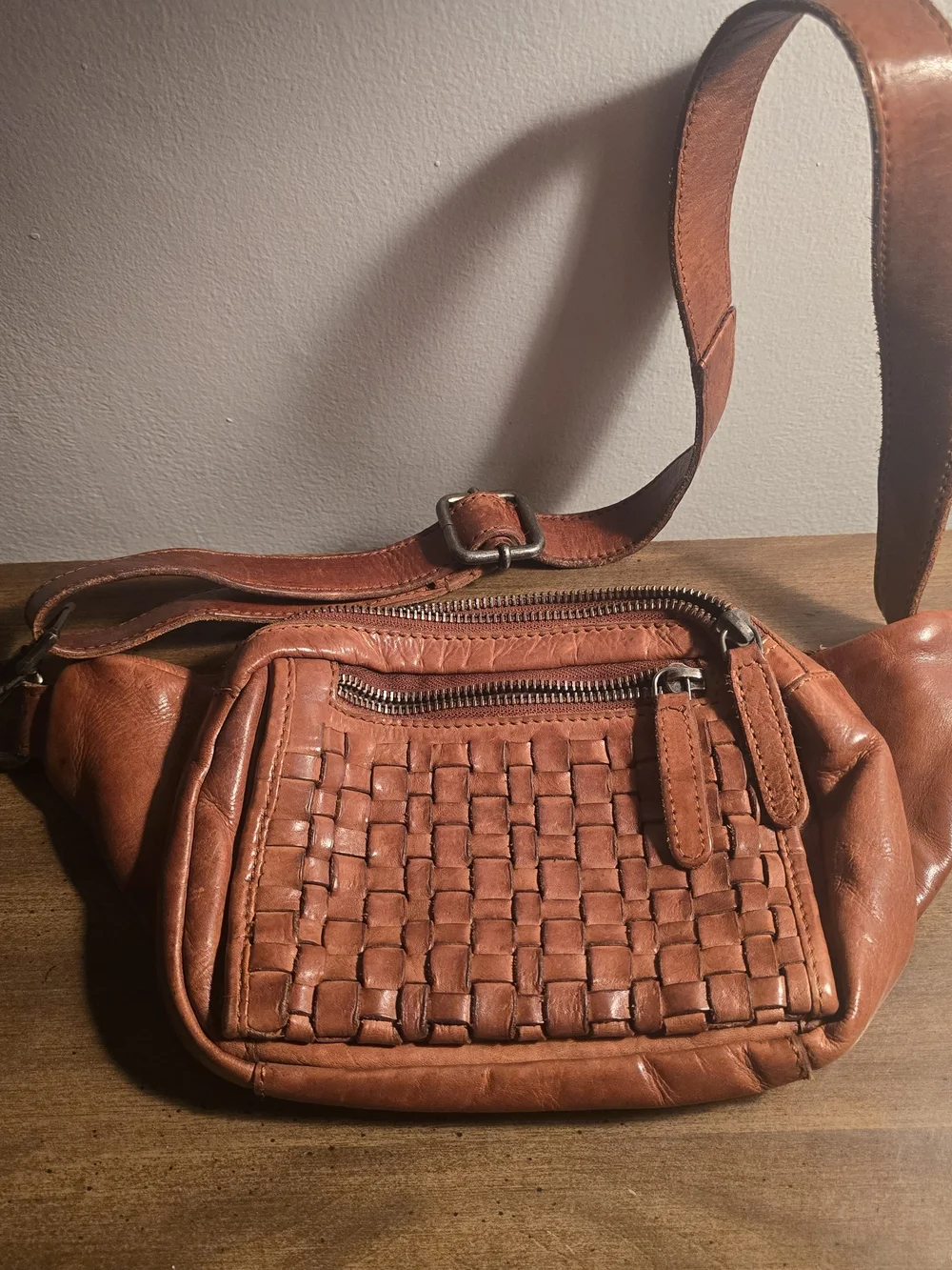 Woven Leather Crossbody Belt Bag - Brown